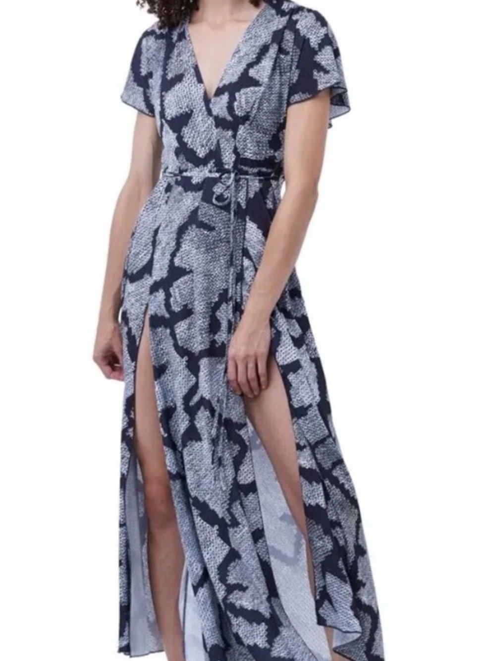 French Connection Navy and White Printed Wrap Maxi Dress